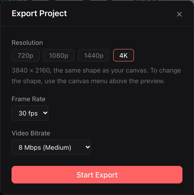 The export dialog of the MP4 editor with 4K selected, 3840 by 2160 pixels, 30 frames per second and an 8 megabit per second bitrate.