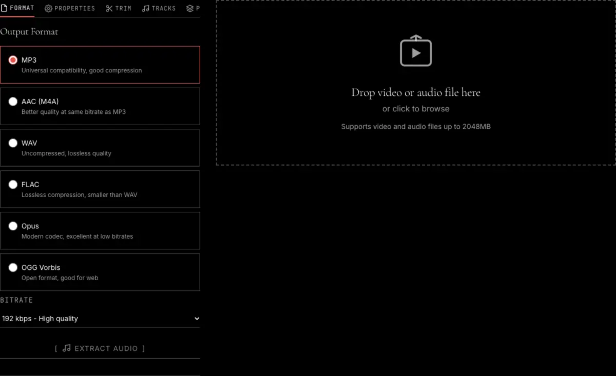 The audio extractor before a file is added, with the format list on the left and the drop area for a video on the right.