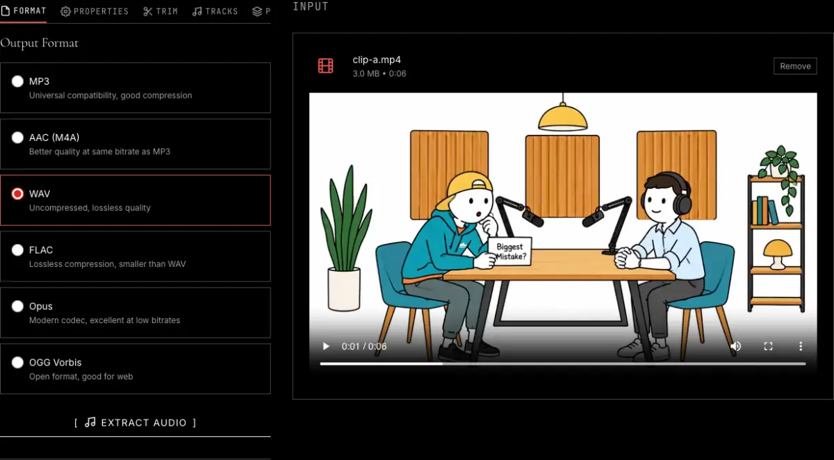A video loaded into the audio extractor, with WAV chosen in the output format list and a preview of the video on the right.